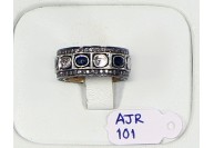 Victorian Antique Style Eternity Band Ring  .925 Sterling Silver withPave and Rosecut Diamonds and Blue Sapphire