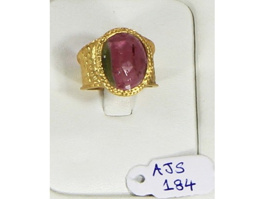 Antique Style Ring .925 Sterling Silver Gold Micron Plated with Watermelon Tourmaline