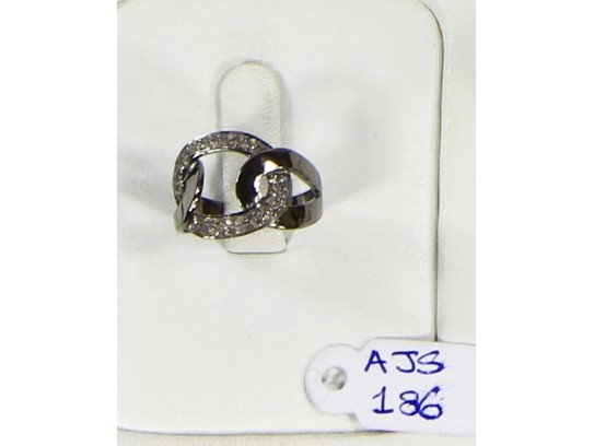 Antique Style Link Design Ring .925 Sterling Silver with Pave Diamonds